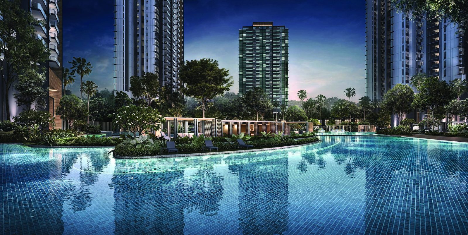 Pool and towers at dusk (artist’s impression)